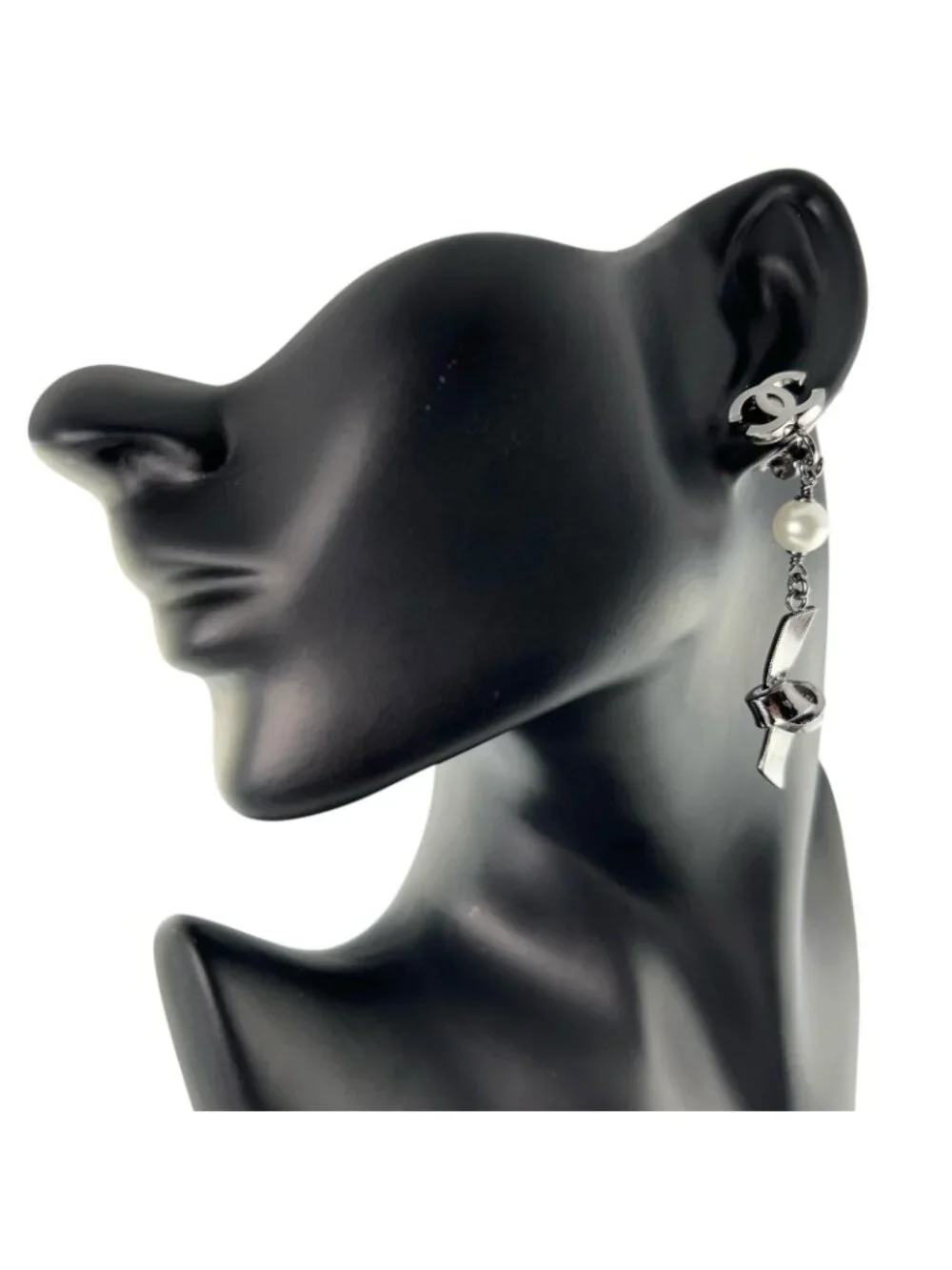 Chanel CC Logo Ribbon Motif Metal Faux Pearl Silver Earrings